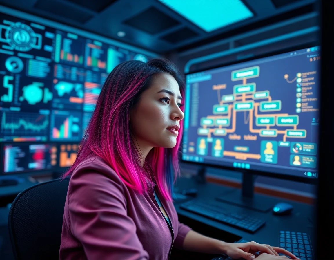 Young blockchain analyst analyzing digital dashboard with crypto sitemap in a modern control room