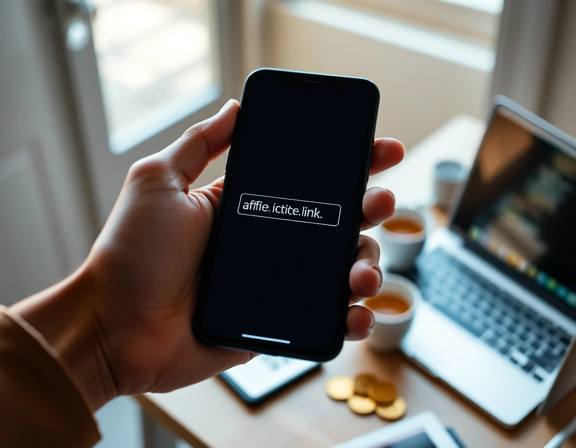 Close-up of hand holding smartphone with crypto affiliate link in trendy workspace