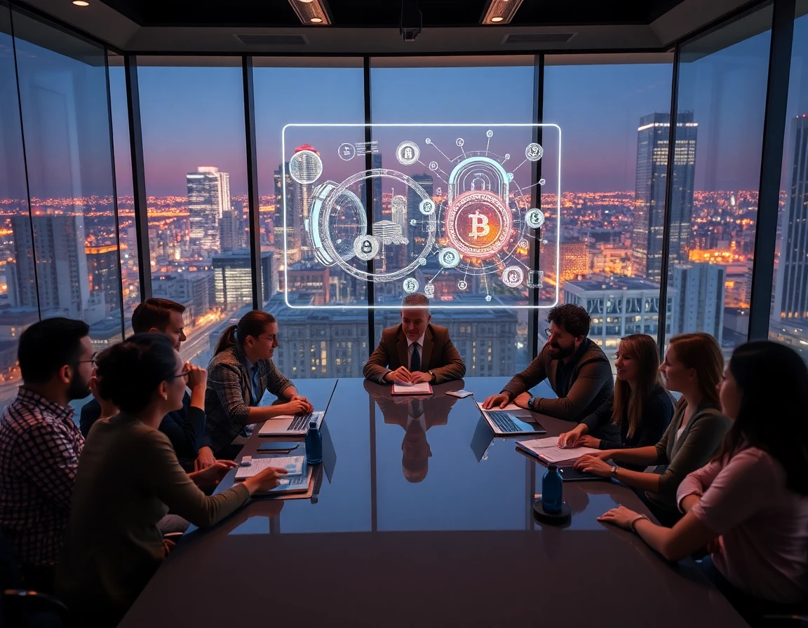 Diverse marketing team collaborating in a modern conference room with holographic crypto ads