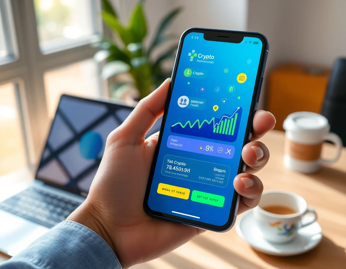 Close-up of hand holding smartphone with crypto ad app, detailed and vibrant digital scene