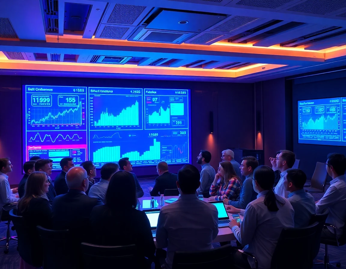 Crypto professionals collaborating around holographic blockchain charts in a modern conference room