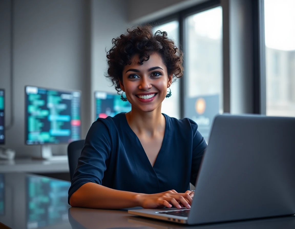 young woman smiling at laptop with crypto data in modern workspace