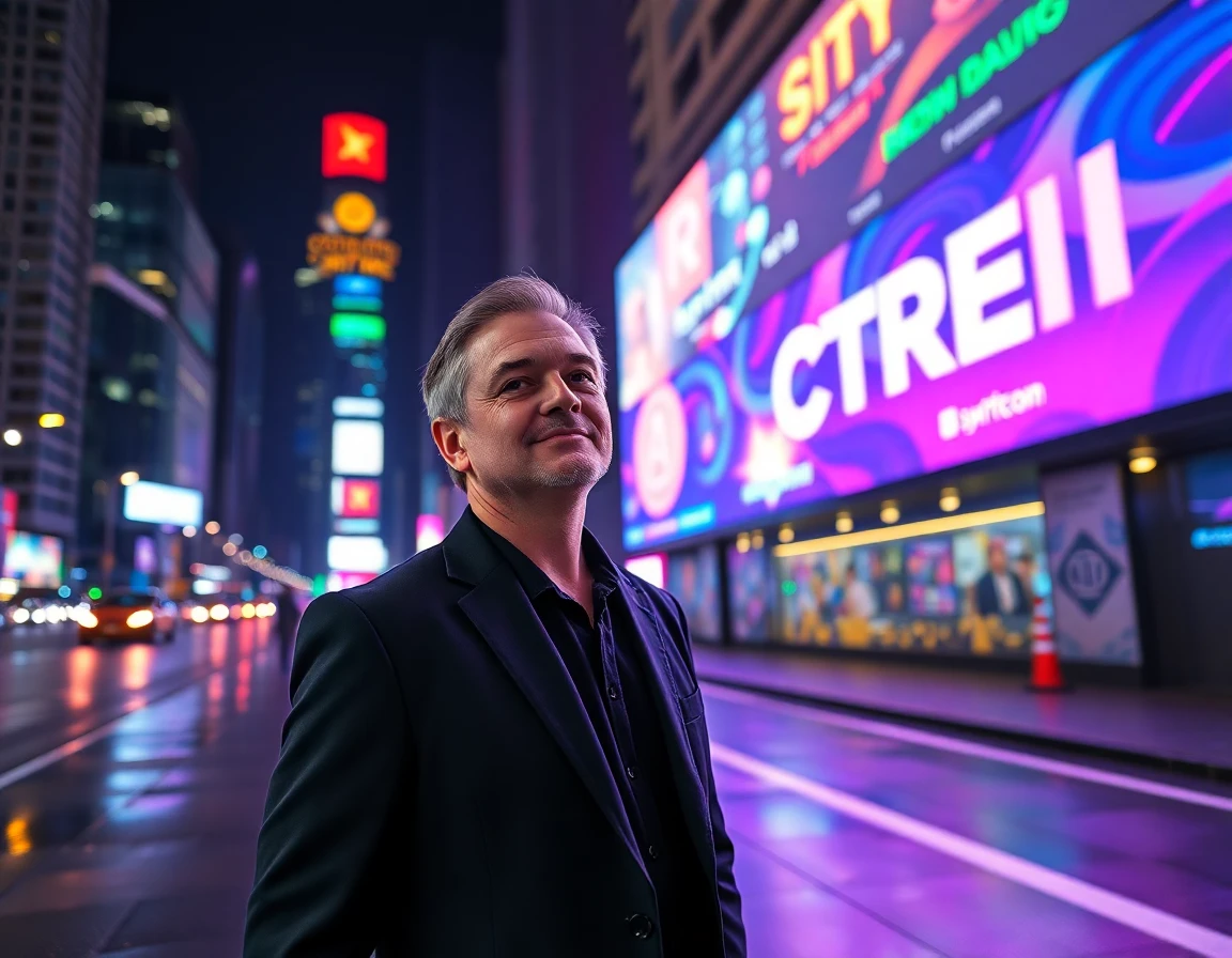 Crypto entrepreneur standing before neon digital billboard at night, energetic and professional scene