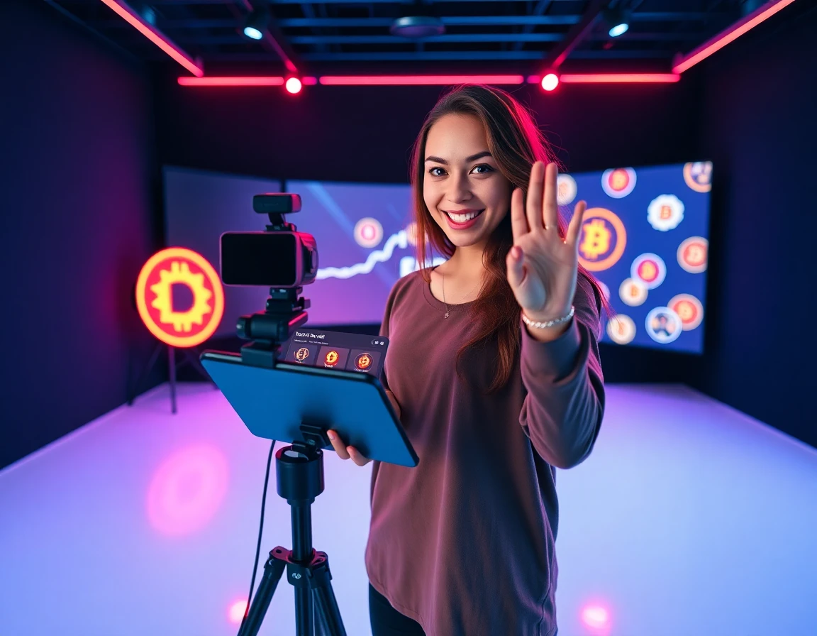 Crypto influencer recording video in studio with vibrant RGB lighting and niche edit platform