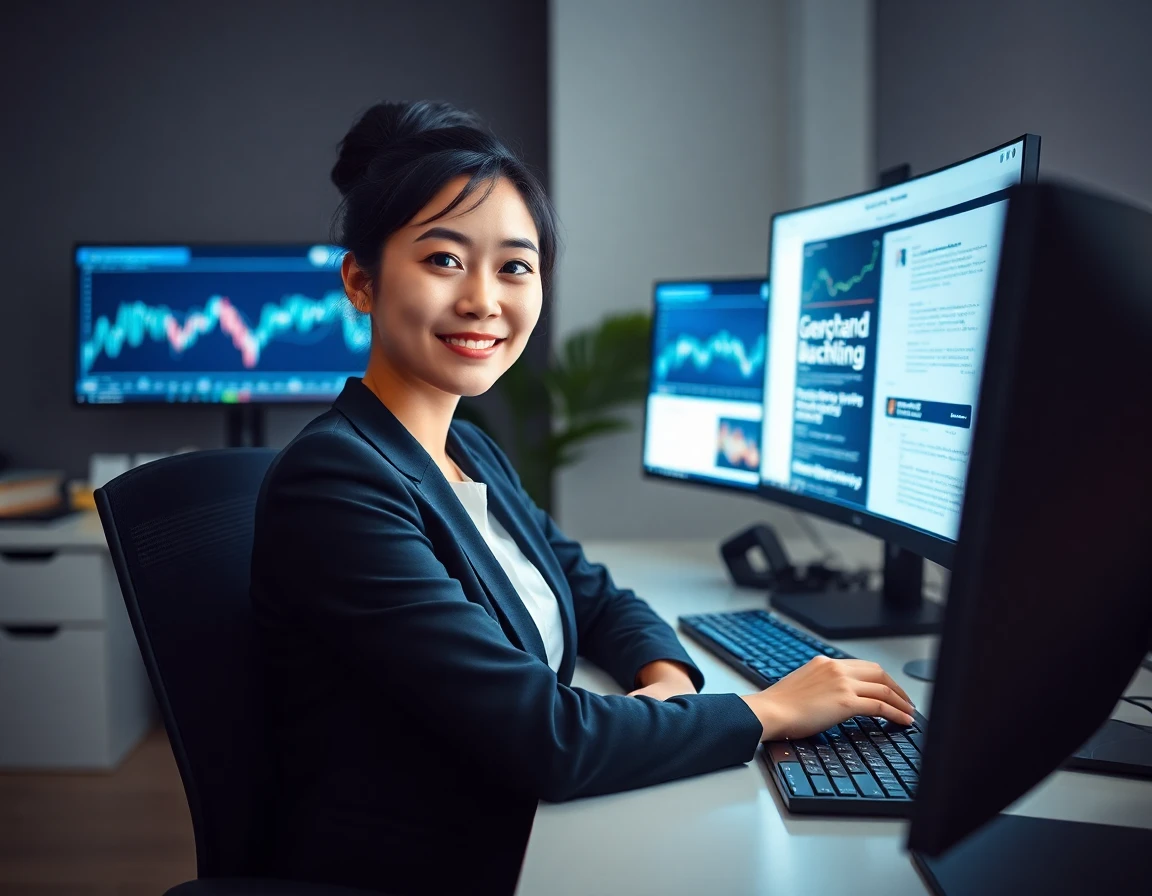 Young crypto journalist working on blockchain article at modern desk with monitors