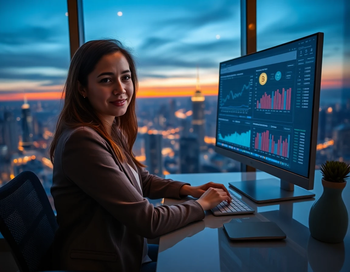 Businesswoman analyzing crypto advertising metrics in modern office, professional and focused