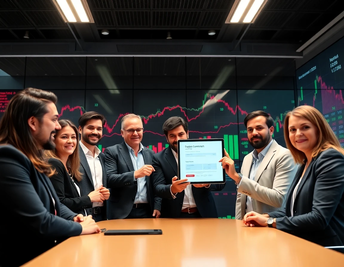 Diverse professionals collaborating on crypto submission form in a high-tech conference room