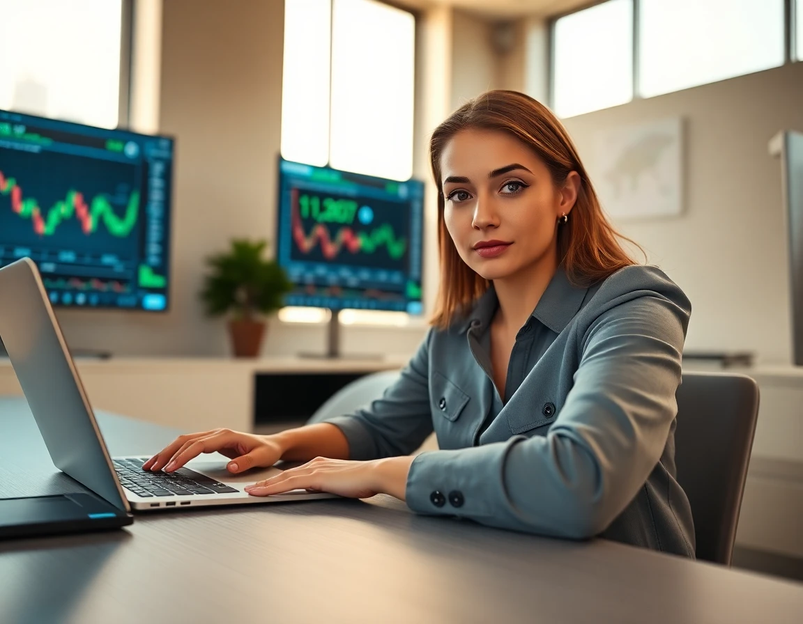 Young woman analyzing crypto charts at desk in a professional office setting