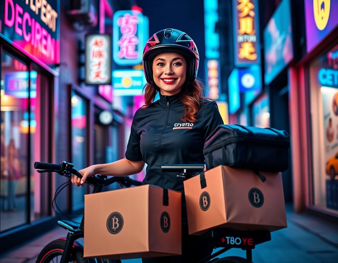 Young delivery woman with electric bike in neon-lit urban alley