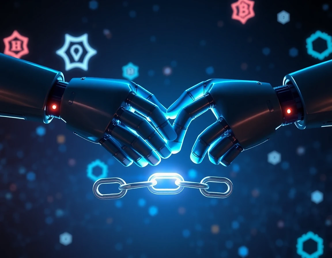 Robotic hands exchanging virtual handshake over blockchain link chain in digital universe