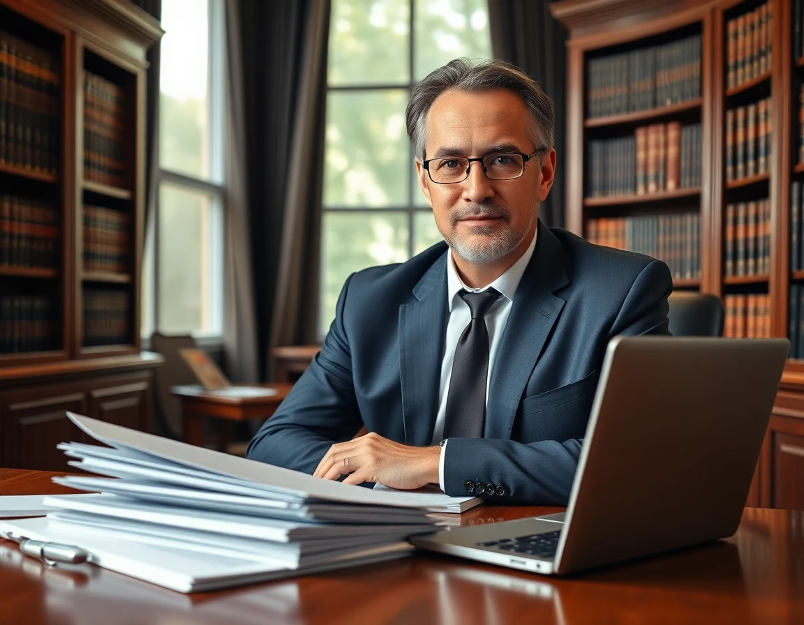 Legal professional reviewing DMCA policy documents in a law office setting