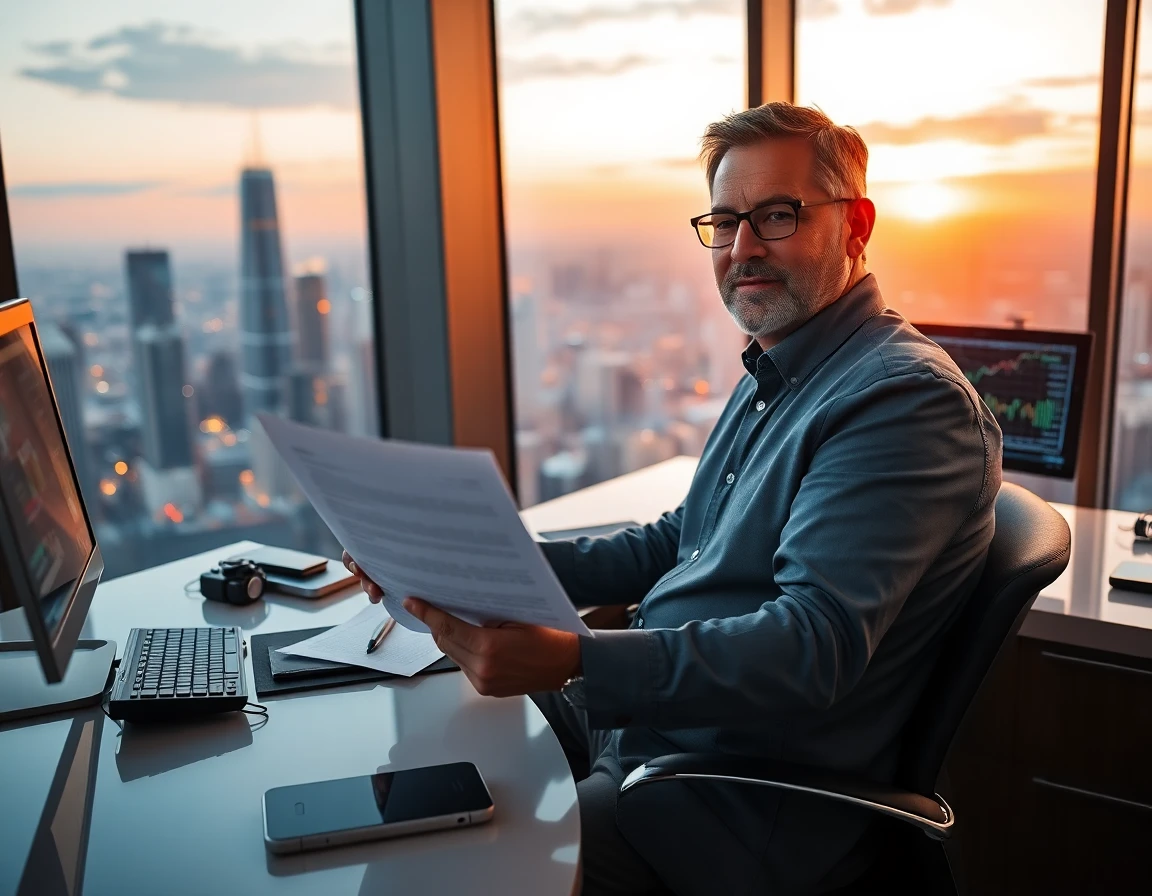 Editorial director reviewing crypto policy in modern high-rise office at sunset, professional and authoritative