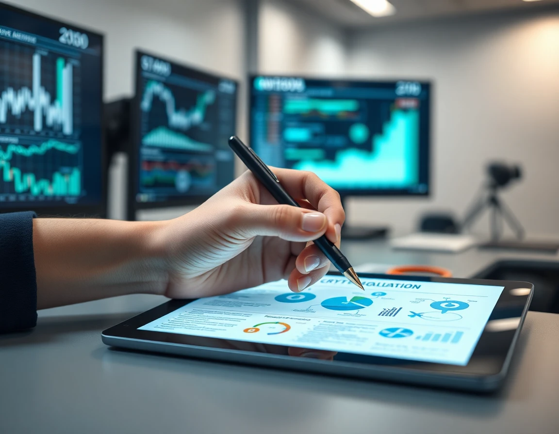 Close-up of hand with pen on digital tablet displaying crypto regulation infographic, professional workspace