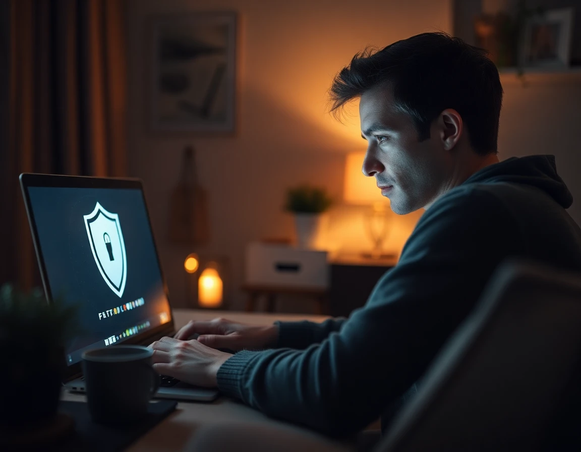 Person working on laptop with privacy shield icon in cozy home workspace