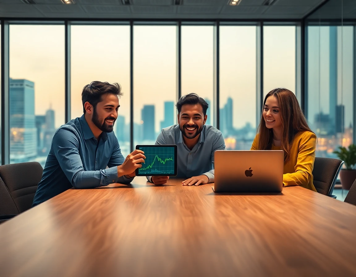 Diverse team collaborating on crypto project at conference table in modern office