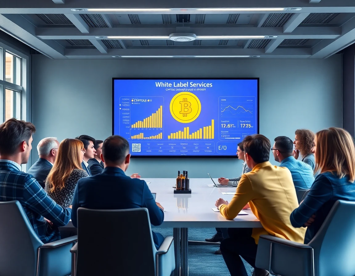 diverse professionals discussing white-label crypto services in conference room