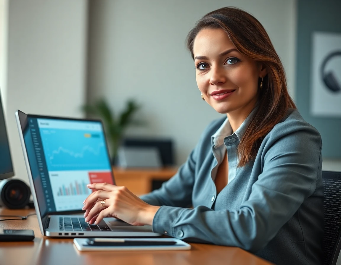 female entrepreneur working on crypto white-label branding on laptop