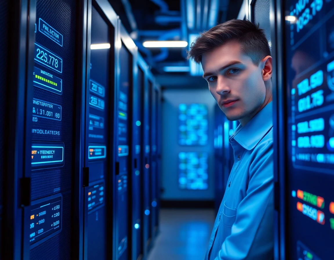 technician inspecting crypto server hardware in high-tech data center