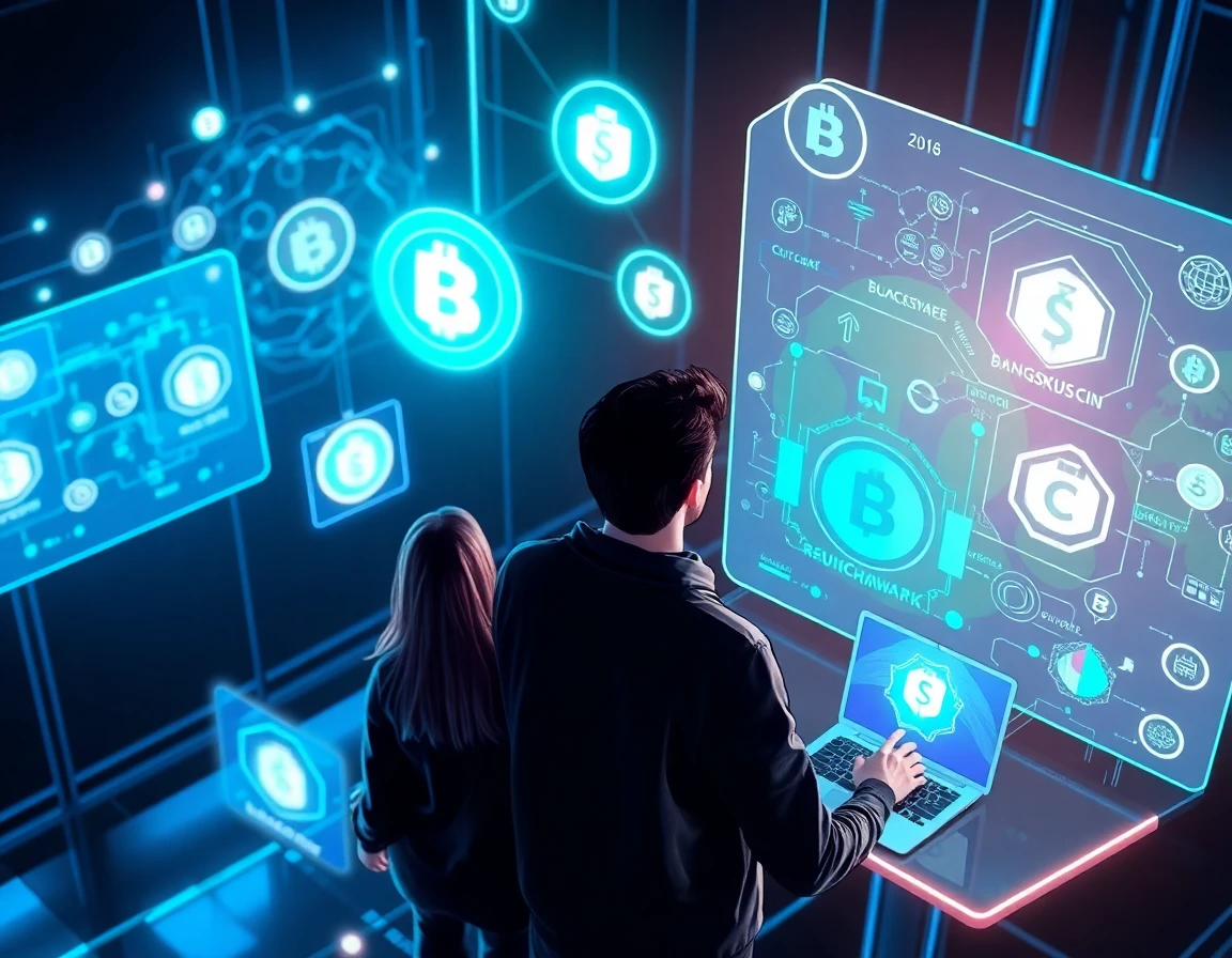 futuristic digital blockchain interface with diverse team collaborating virtually