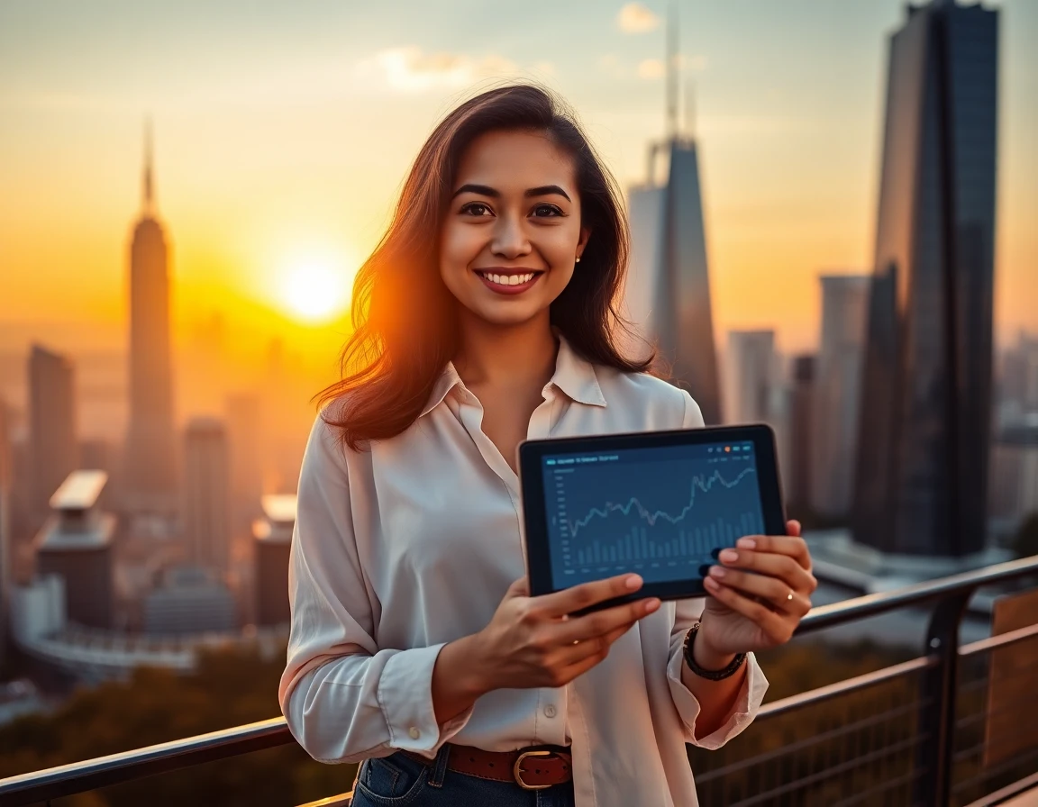 Young woman overlooking city skyline with crypto symbols at sunrise, holding a tablet