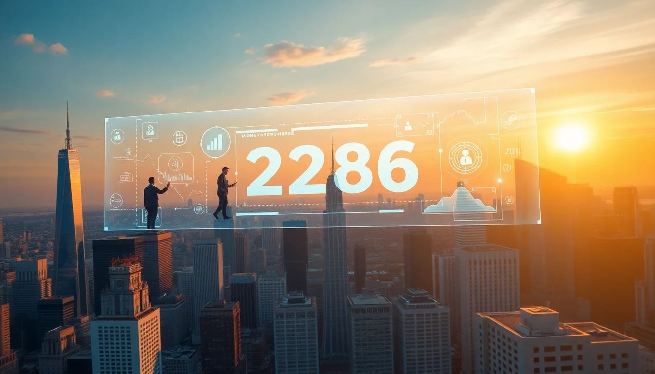 Futuristic digital landscape for Moneynewsweb 2026 with city skyline and holographic interfaces